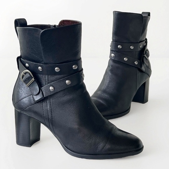 Born Emma Buckle Moto  Black Leather Booties Edgy Biker Block Heel Size 10 M - Picture 1 of 16